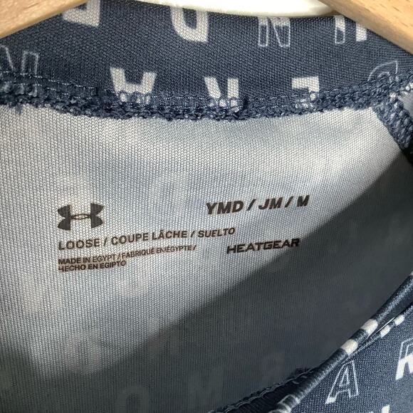 Under Armour Blue Gray White Spellout Logo Short Sleeve Athletic Tee Medium - Picture 5 of 7